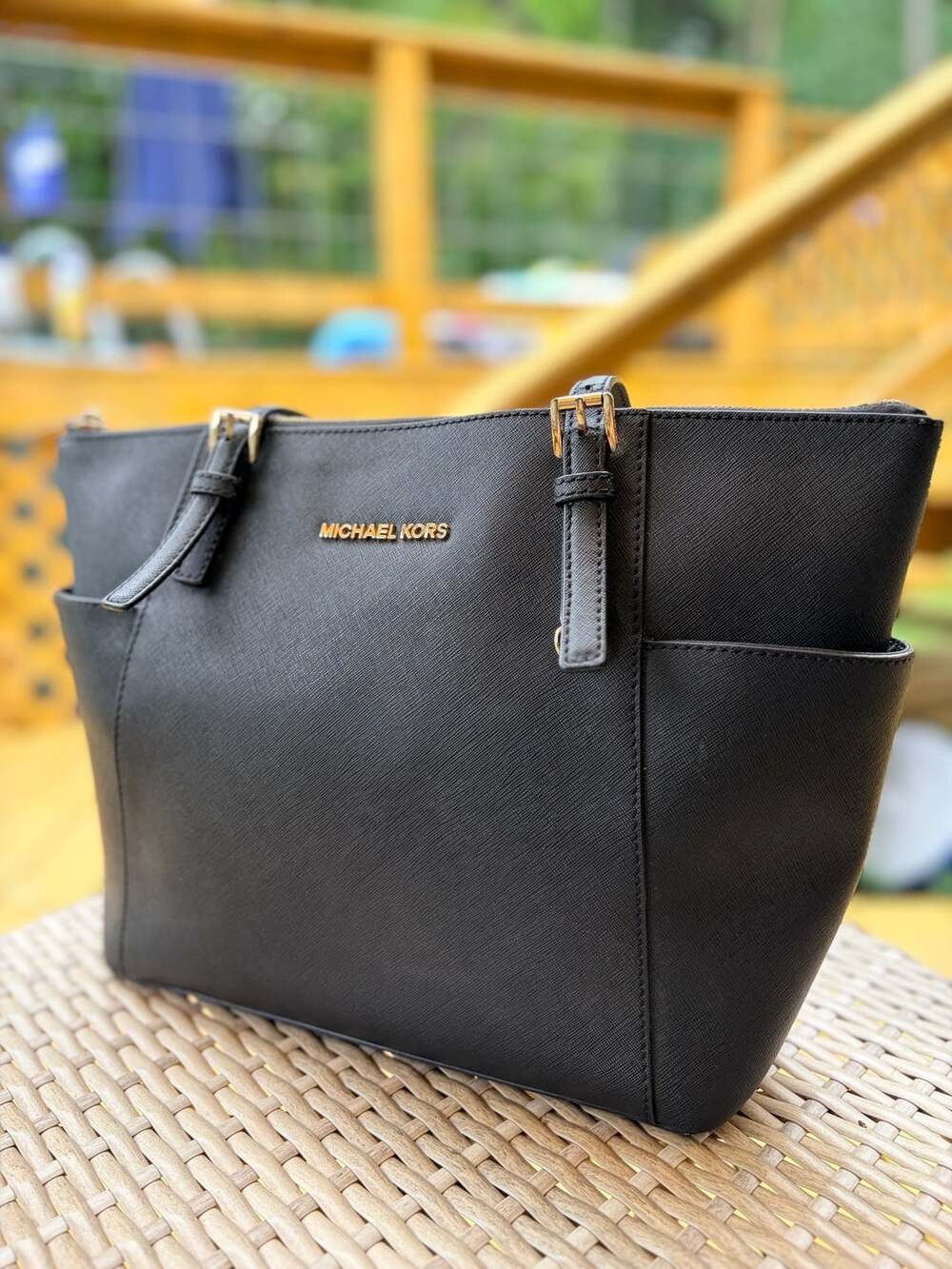 Michael Kors Jet Set Top Zip Saffiano Tote Black Leather